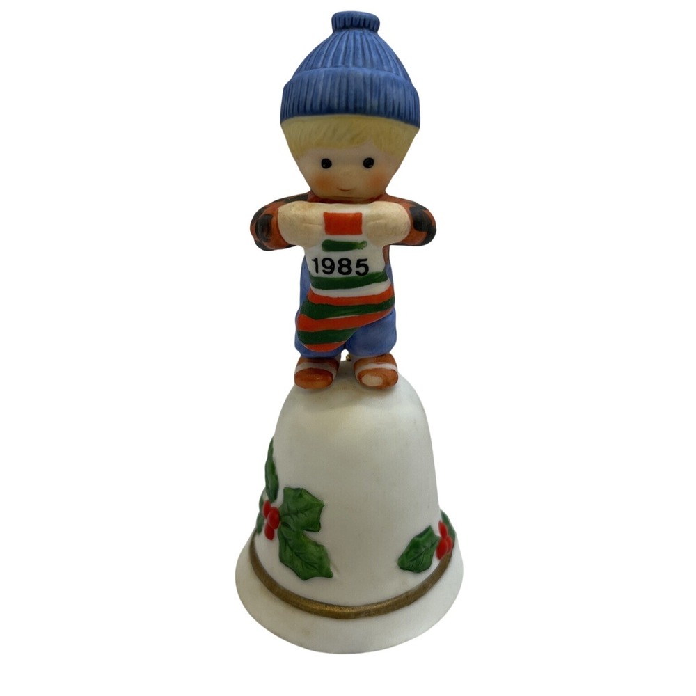 Vintage 1985 Enesco Christmas Bell Figurine Boy‎ Holding Stocking Ornament